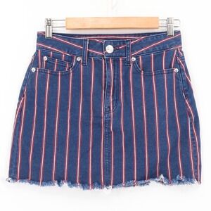 American‎ Eagle Denim Mini Skirt Womens Blue Red Stripe Raw Hem Stretch Size 2